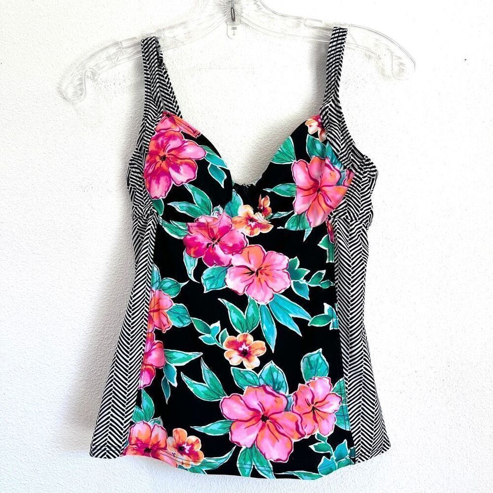 Aqua Couture Tankini Swimsuit Black White Pink Floral Top Size Small